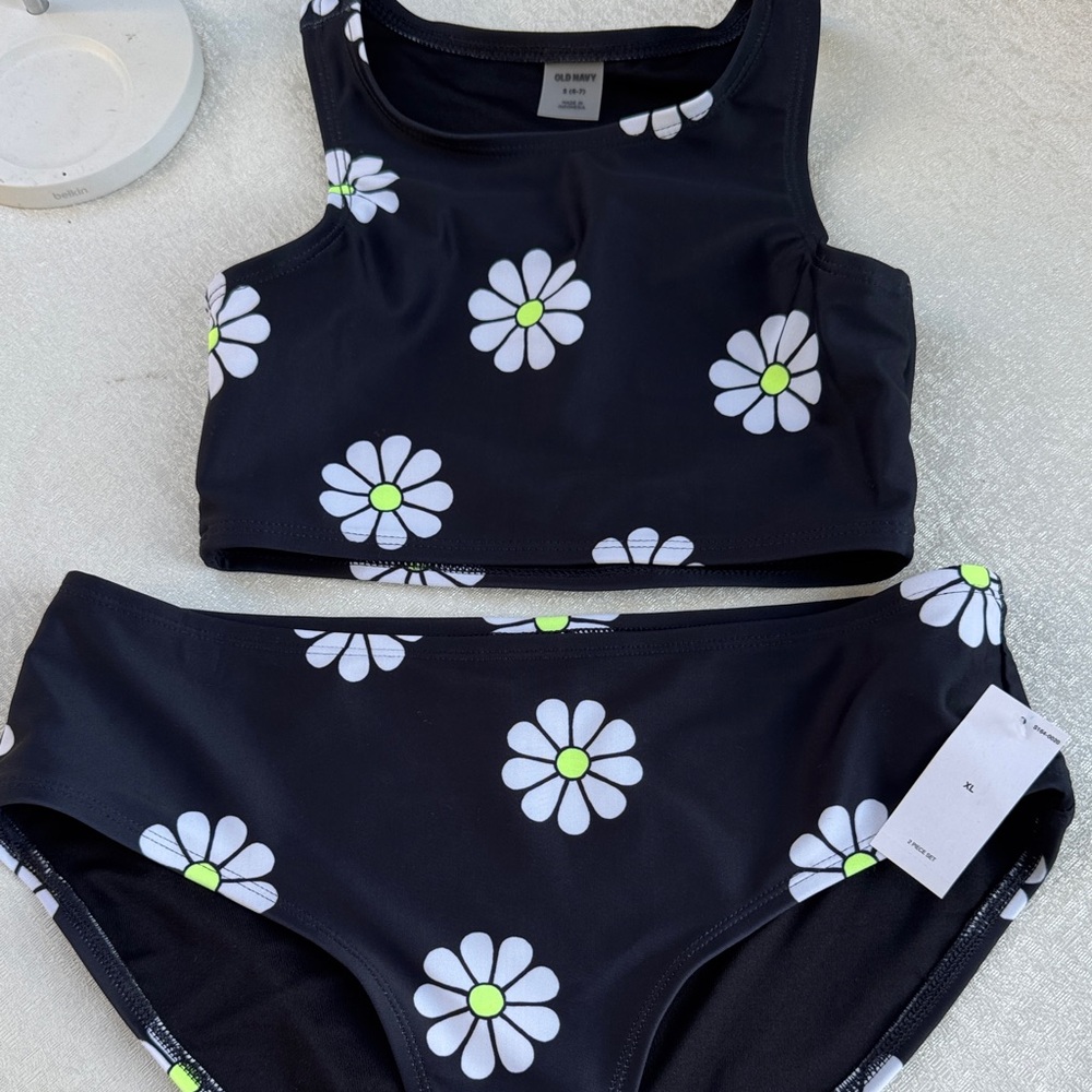 Old Navy Black Daisy Crop Bikini with White & Neon Yellow Flowers